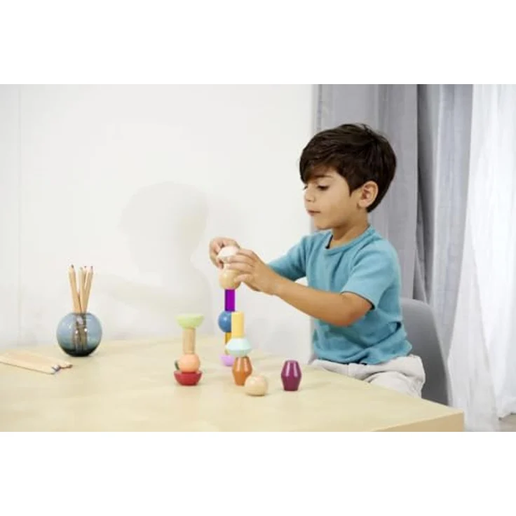 Eichhorn Montessori Stapelspielzeug Stapelperlen, 16 farbenfrohe geometrische Bausteine aus FSC® Buchenholz, fördert Kreativität und Feinmotorik – Bild 6