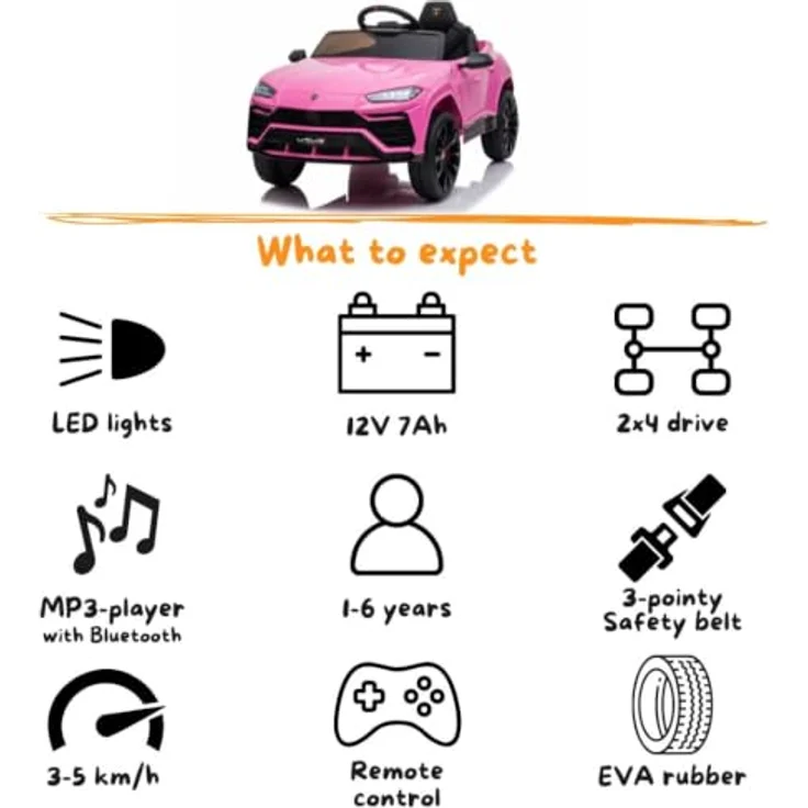 Vrooomy Lamborghini Urus Kinder Elektroauto 12V mit Fernbedienung, geeignet für 1-6 Jahre, rosa, 3-6 km/h, MP3-Player, Sicherheitsgurte, 90% vormontiert – Bild 8