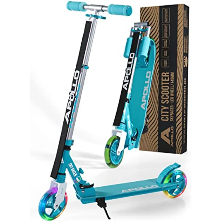 Apollo Skyracer City Roller mit LED Leuchträdern | Roller Kinder 6 Jahre | City Scooter mit Federung | Tretroller für Kinder und Teens | klappbar und höhenverstellbar, türkis
