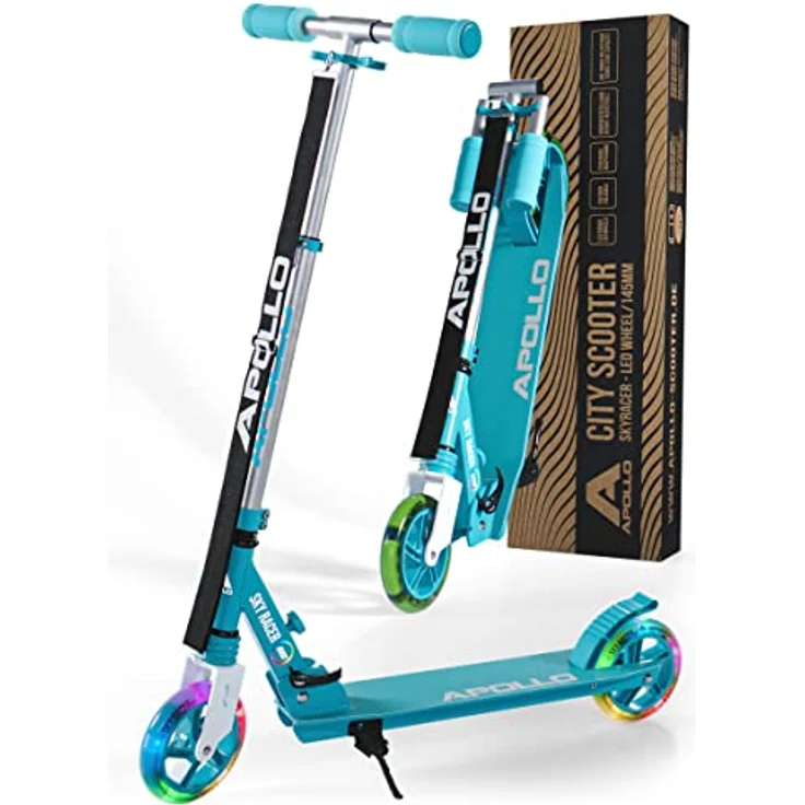 Apollo Skyracer City Roller mit LED Leuchträdern | Roller Kinder 6 Jahre | City Scooter mit Federung | Tretroller für Kinder und Teens | klappbar und höhenverstellbar, türkis – Bild 1