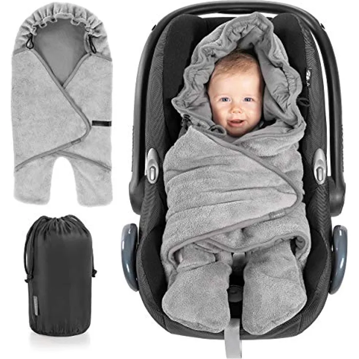 Zamboo Baby Einschlagdecke mit Füßen - Sommer - leichte Decke für Babyschalen/Autositze (passend für Maxi-Cosi, Cybex, Römer) und Kinderwagen, mit Kapuze und Tasche - Grau