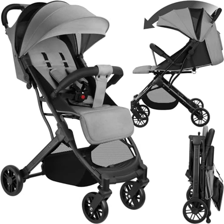 tectake® Buggy Kinderwagen von 0 bis 3 Jahre, einhändig faltbarer Reisebuggy, Kinderwagen mit Verdeck - grau/beige – Bild 1