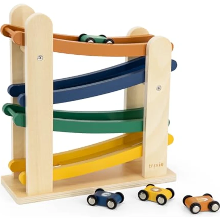 Trixie Wooden Autobahn mit 4 Autos, nachhaltiges Holzspielzeug für Kinder ab 18 Monaten – Bild 1