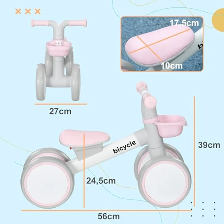 AIYAPLAY Kinder Laufrad Lauffahrrad Balance Bike 1-3 Jahre Baby Rutschrad mit TPU-Rädern Rosa+Weiß 56 x 27 x 39 cm – Bild 5