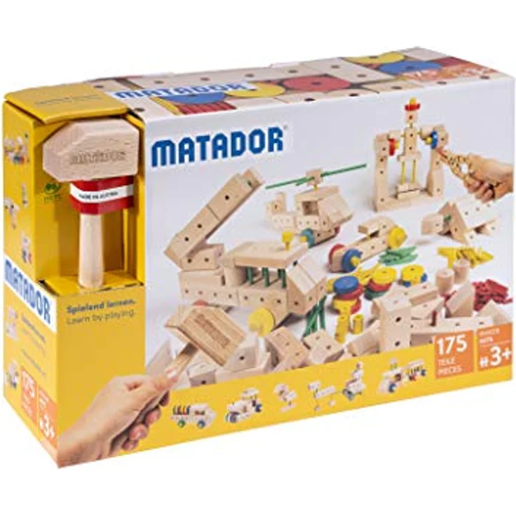 Matador Kinder Baukasten 175-tlg., Holz Konstruktionsspielzeug ab 3 Jahren zur Förderung von Kreativität und Feinmotorik, mit Stäbchen, Klötzen, Hammer & Zange – Bild 1