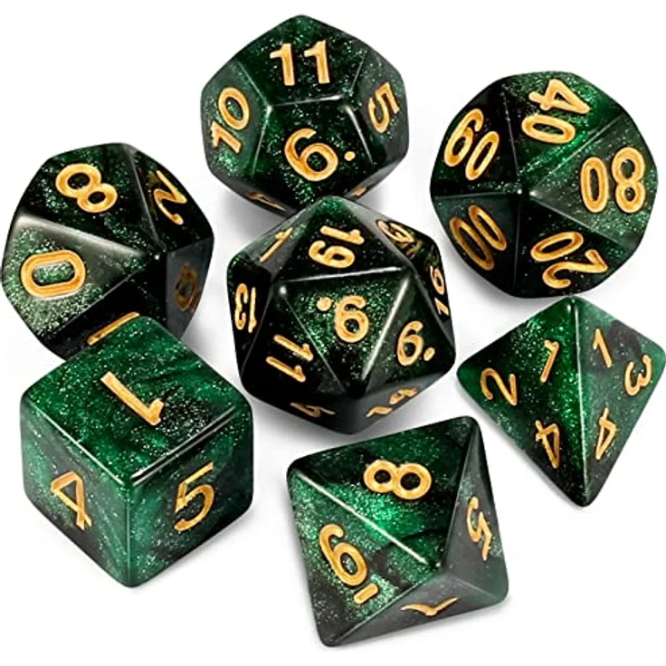 QMAY DND Dice Polyedrisches Würfel Set - 7 Stück für Dungeon und Dragons MTG RPG D&D D20, D12, D10, D%, D8, D6, D4 (Schwarz und Grün) – Bild 1