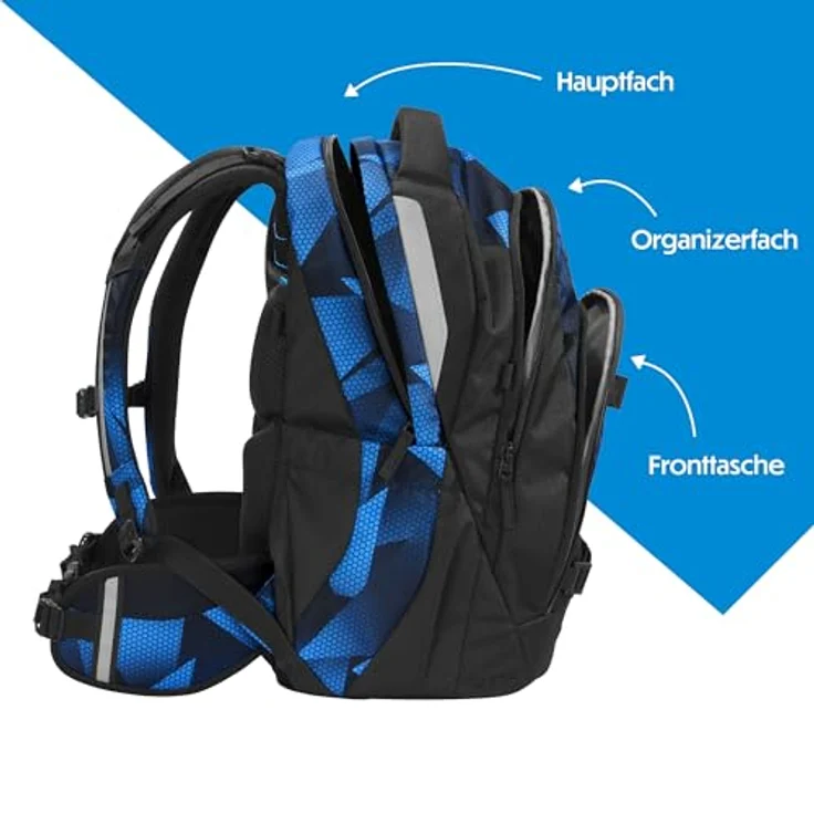 Coocazoo Mate Schulrucksack „Electric Ice”, ergonomischer Tornister, höhenverstellbar, schwarz-blau, 30 Liter, mit Brust- und Hüftgurt, ab der 3. Klasse – Bild 3