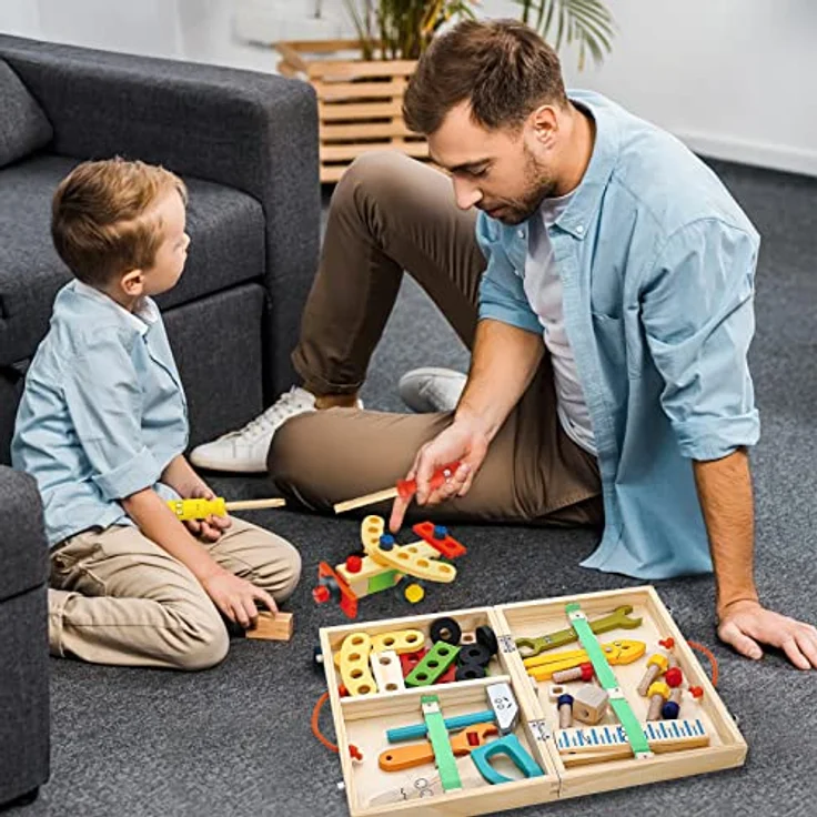 Withosent Werkzeugkoffer Kinder Holz, 34 Stück Werkzeug Kinder Holzspielzeug, Werkzeugsatz Holzwerkzeugen, DIY Autos Spielzeuge kinderspielzeug ab 3 Jahre Jungen Mädchen – Bild 7