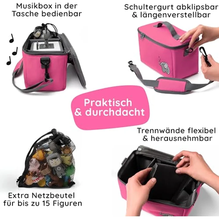 fantifant Musikbox Tasche für Toniebox [ + Netzbeutel für Tonie Aufbewahrung ] Flexible TRANSPORTTASCHE FÜR TONIEBOX Tasche für Starter Set, Figuren und Zubehör I aus recyceltem PET I flamingopink – Bild 5