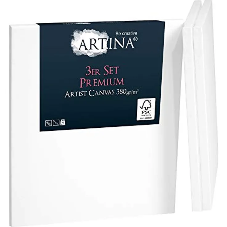 Artina 3er Set Premium 40x40 cm Keilrahmen – FSC® Holz Keilrahmen Leinwand 100% Baumwolle Leinwand weiß vorgrundiert – Leinwände zum Bemalen 380 g/m² - Extrabreiter, bespannter Keilrahmen