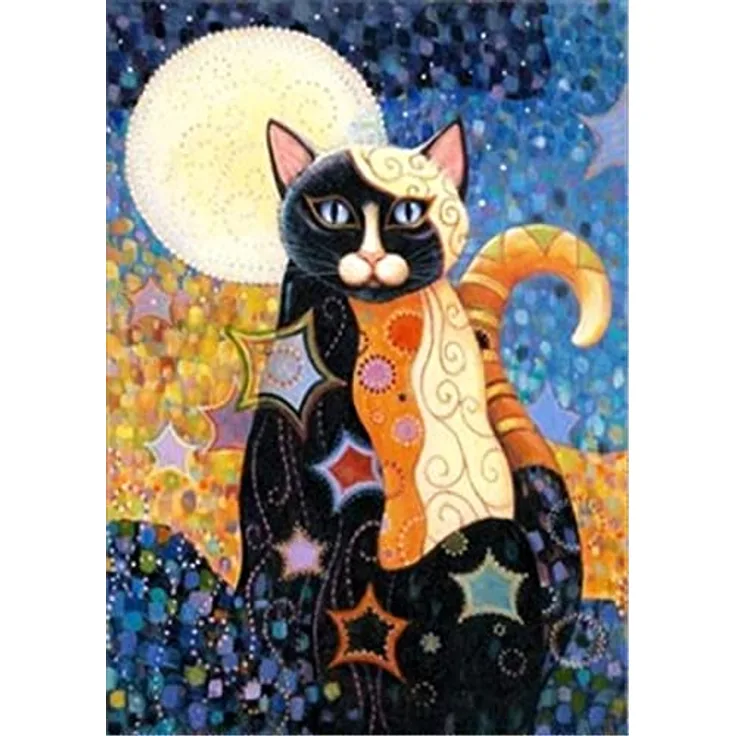 Diamond Painting Set, Bild mit Motiv Katze im Mondlicht und Zubehör, Größe ca. 25 x 35 cm, Bastelset zum Malen mit Glitzersteinchen für Kinder ab 5 Jahren