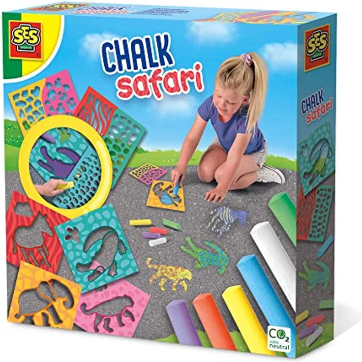 SES creative 02204 - Kreidestifte Safari, Straßenmalkreide in 6 Farben, 4 Tierschablonen aus Plastik, komplettes Set mit kräftigen Farben