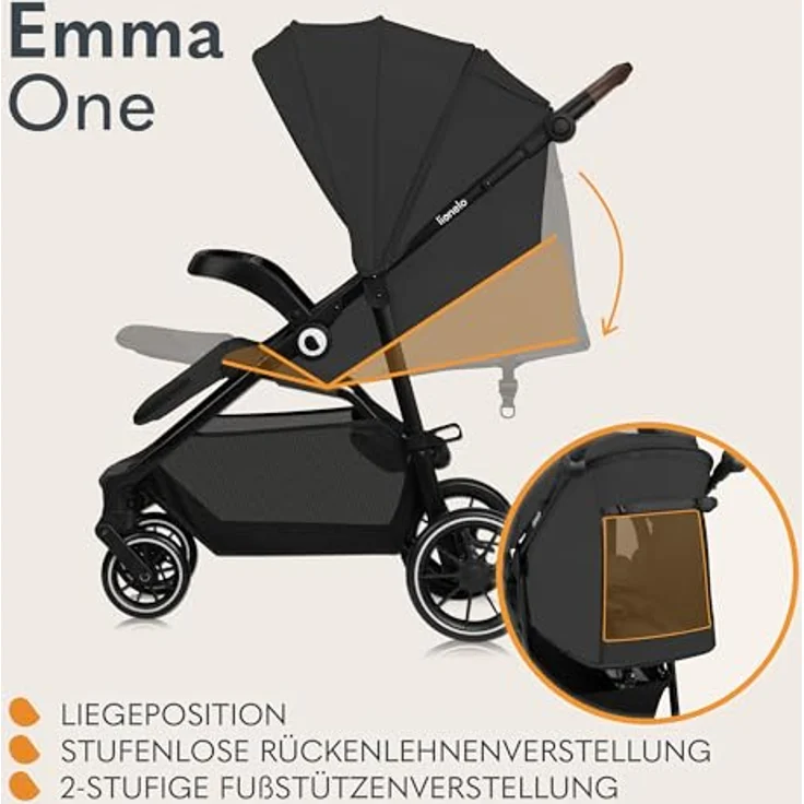 Lionelo EMMA ONE Buggy - Schwenkbare 360 Räder, Vollfederung, Einhändig klappbar, Verstellbare Rückenlehne und Fußstütze, XXL-Verdeck UPF50+ – Bild 3