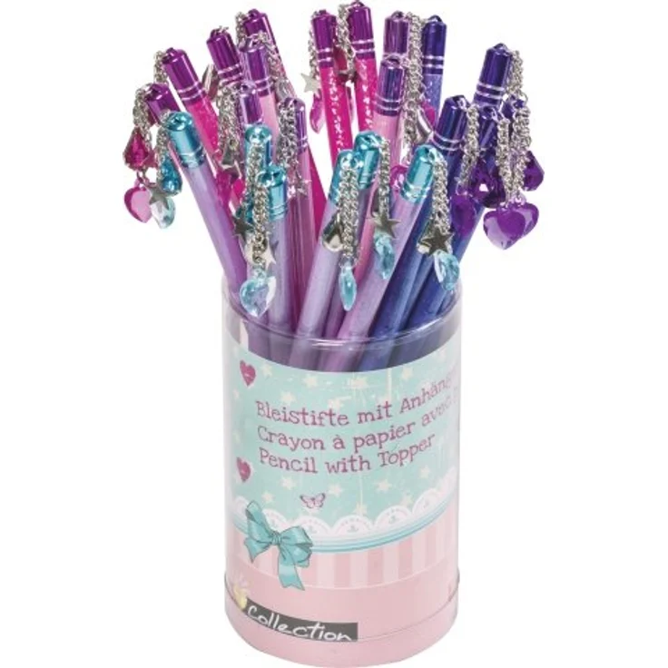 BRUNNEN Bleistift 1027366, Glitzer-Effekt HB, 180 mm, sortiert in 4 Farben (pink, rosé, violett, blau) mit Anhängern in Tropfen, Stern und Herz – Bild 1