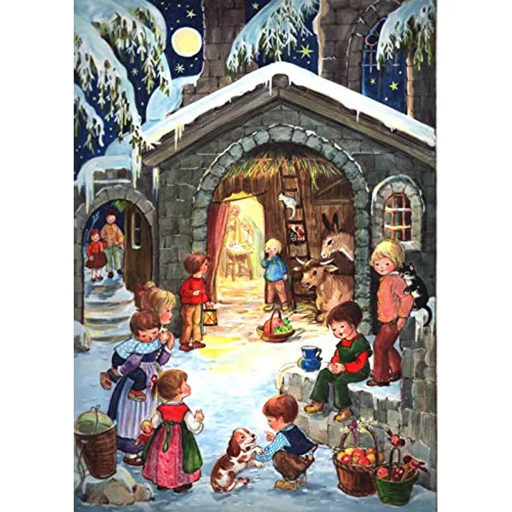 Richard Sellmer Verlag Nostalgischer Adventskalender "Am Stall" mit Bildern und Glimmer, Vintage Retro Design, Made in Germany