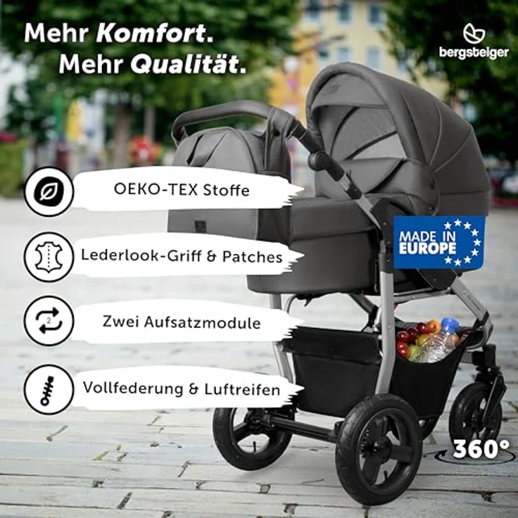 Bergsteiger Capri Kombikinderwagen 2-in-1, Babywanne & Sportsitz, Luftreifen, Federung, höhenverstellbarer Griff, faltbar, Zubehör – Bild 2
