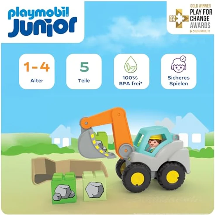 PLAYMOBIL® 71684 Schaufelbagger - Playmobil Junior mit beweglichem Schaufelarm, 1 Bauarbeiterfigur, 3 Bausteine und Warndreieck – Bild 4