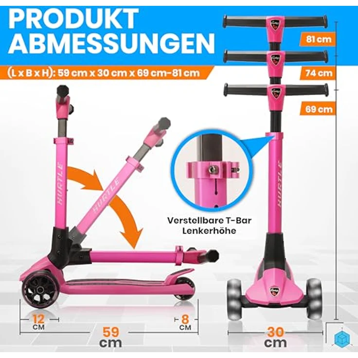 Hurtle Faltbarer Kinderroller, 3-Rad Scooter mit höhenverstellbarem Lenker, LED-Rädern und rutschfester Trittfläche, aus Aluminium, für Kinder ab 3 Jahren bis 50kg – Bild 2