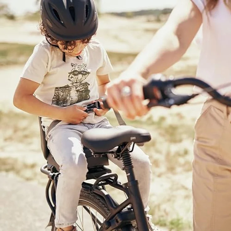 Urban Iki Junior Velokindersitz, Gepäckträger, verstellbare Rückenlehne, abnehmbarer Bezug, Dreipunktgurt, schwarz – Bild 6
