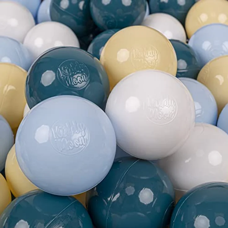 KiddyMoon 50 Bälle, 7 cm Spielbälle für Bällebad in Dunkeltürkis/Pastellblau/Pastellgelb/Weiß, BPA-frei, Made in EU – Bild 1
