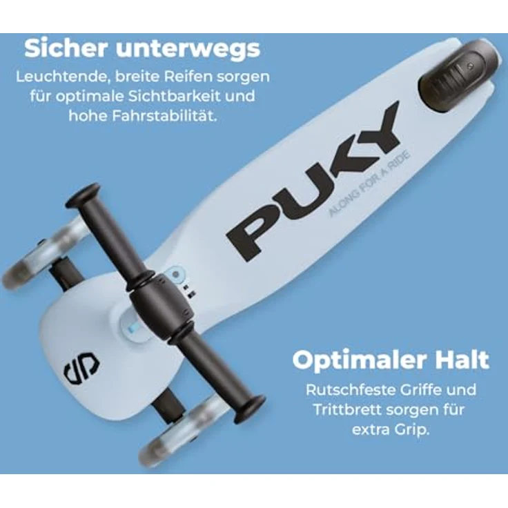 PUKY Pukymini-Scooter Push | Roller für Kinder ab 2 Jahre | Höhenverstellbarer Lenker | Klappbar & Kompakt | Extra breite Reifen für mehr Sicherheit | Leuchtende Räder | Ideal für Abenteurer & Outdoor | Hellblau – Bild 6