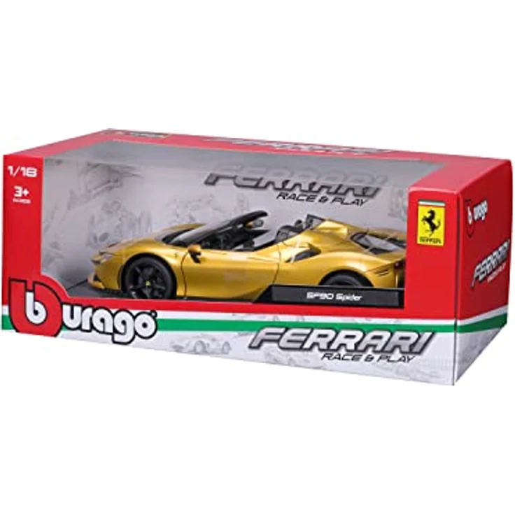 Bburago Ferrari SF90 Spider, Modellauto im Maßstab 1:18, bewegliche Motorhaube, Kofferraum und Türen, Gold, Race & Play Serie (18-16016) – Bild 5