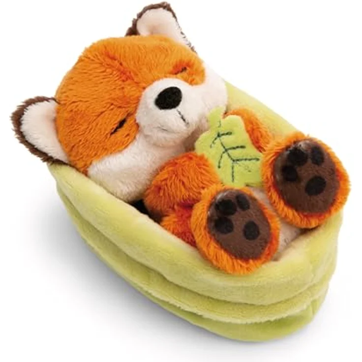 NICI Kuscheltier Fuchs mit Blatt, 12cm schlafend im flauschigen Körbchen, rotbraun-weiß – Bild 1