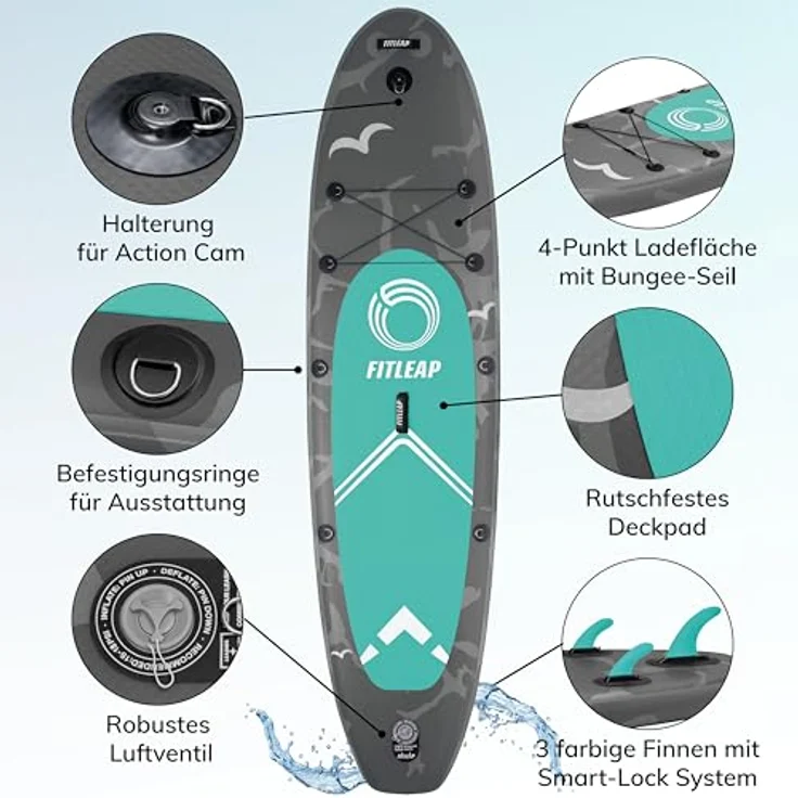Fitleap Premium Stand Up Paddle Board aufblasbar, SUP Set mit Hochdruckpumpe, verstellbarem Paddel, Rucksack, ideal für Yoga, Surfen und Wassersport – Bild 4