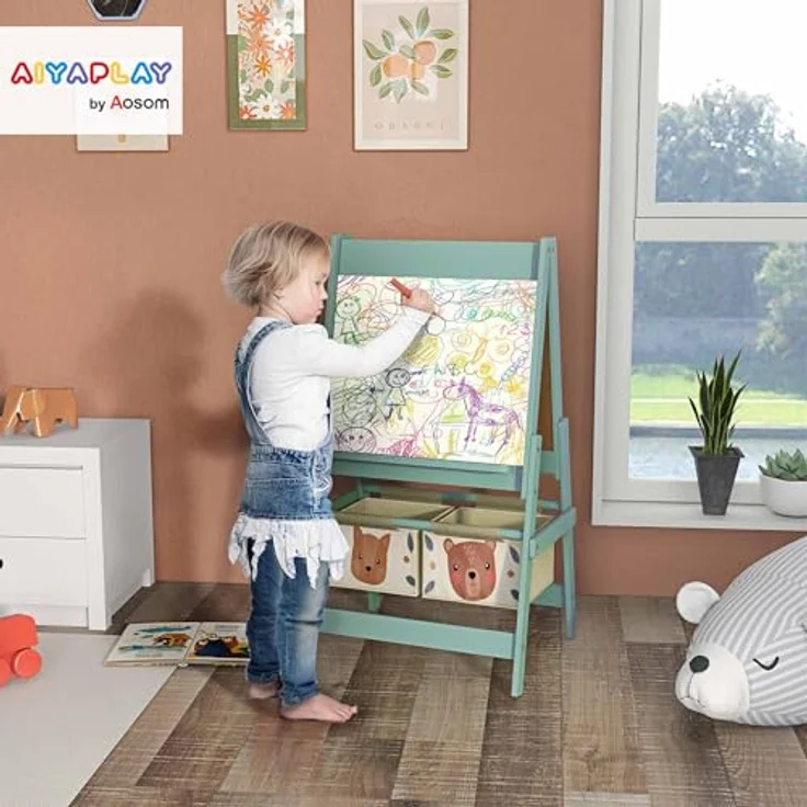 AIYAPLAY 3 in 1 Kinder Staffelei, Doppelseitig mit Tafel und Whiteboard, Grün, 54 x 46,5 x 93 cm, inkl. Aufbewahrungskörben für Kunstutensilien – Bild 2