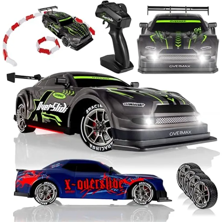 Overmax X-OVERSLIDE, Ferngesteuertes RC Drift-Auto, 1:16, 20 km/h, 4WD-Antrieb, 2 Akkus 500 mAh, Hindernisse Set, Extra Gehäuse