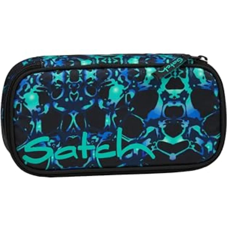 satch Schlamperbox extra groß Caleido Blue - Schwarz inkl. Trennfach, Reißverschlussfach, Stiftehalter, Geodreieck und Sichtfenster für Stundenplan