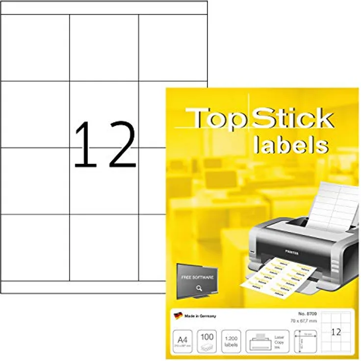 TopStick 8709 Universal Etiketten, 12 pro A4 Bogen, selbstklebend, bedruckbar, matt, blanko, weiß, 12000 Stück