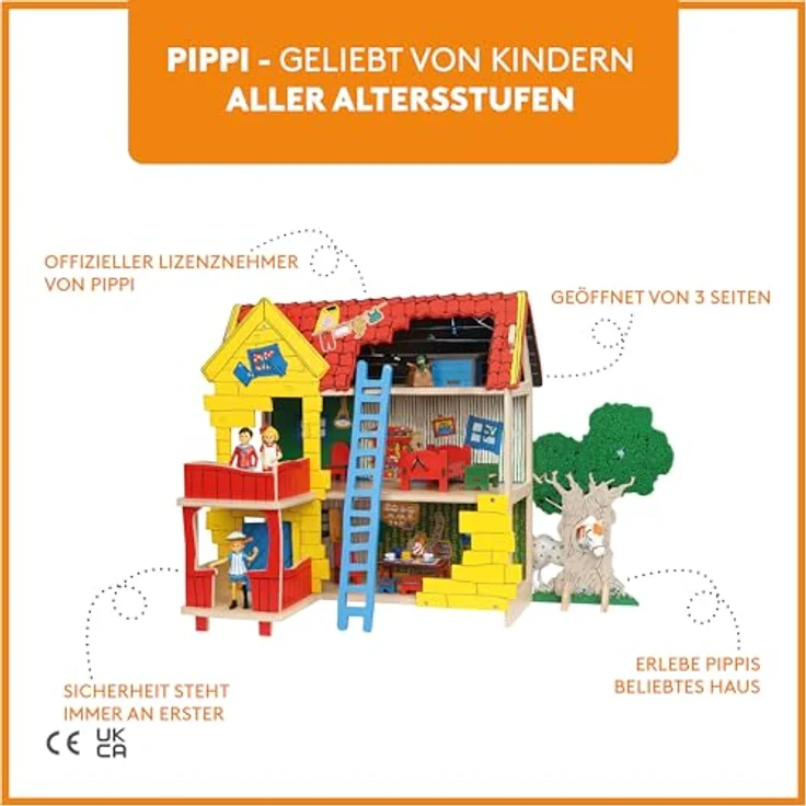 Pippi Langstrumpf Villa Kunterbunt Puppenhaus Bausatz aus Holz – 2-stöckiges Miniatur Haus – Spielzeug ab 4 Jahre – inkl. Veranda, Türen, Holztreppe, Leiter und Spielmatte, umweltfreundlich (MDF-Holzwerkstoff, Pappkarton) - Schwedisches Design – Bild 3