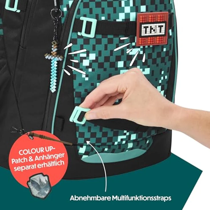 coocazoo MATE Schulrucksack, Pixel Blox, Ergonomischer Rucksack mit Easy-Grow-System, 30 l, schwarz/grün – Bild 7