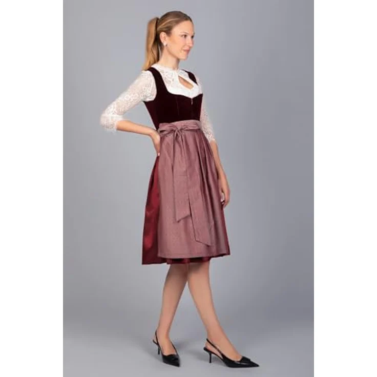 Edelnice Dirndl Lilly, Trachtenkleid in satten roten Samt mit Fischgrätenmuster – Bild 5