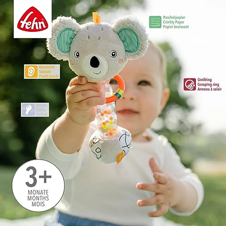 Fehn Regenmacher Koala – Motorik-Spielzeug mit Rassel, Quietsche, Raschelpapier zum Greifen – Rasselstab fördert spielerisch Sinne & Motorik – für Babys & Kleinkinder ab 3+ Monaten – Bild 3