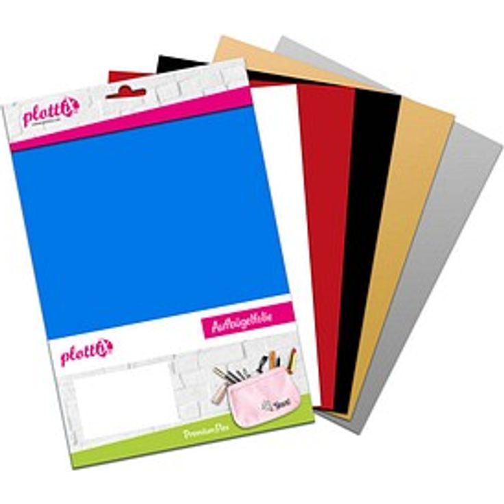 plottiX PremiumFlex Aufbügelfolie, farbsortiert, 6 Stück in Silber, Gold, Rot, Blau, Weiß, Schwarz, 20,0 x 30,0 cm