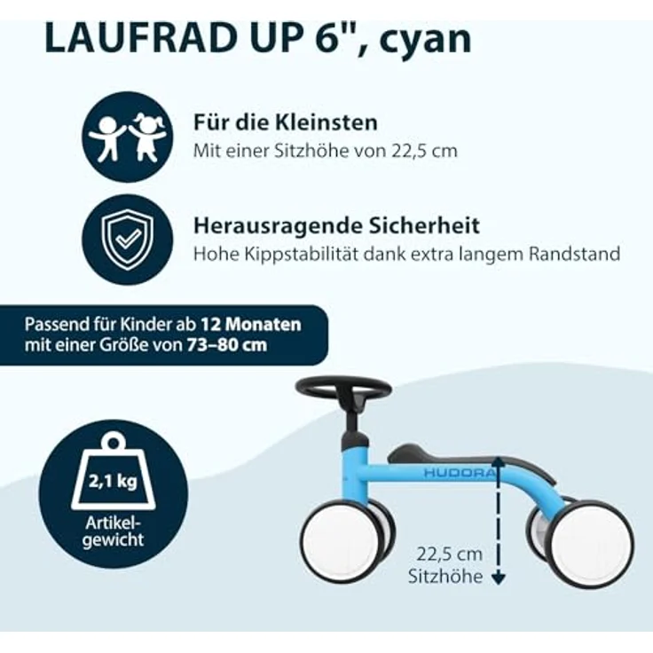 HUDORA Laufrad Up 6 Zoll Cyan, leichtes Lauflernrad mit hoher Kippstabilität für Kinder ab 12 Monaten, 4 Räder für Körpergrößen von 73-80 cm – Bild 2