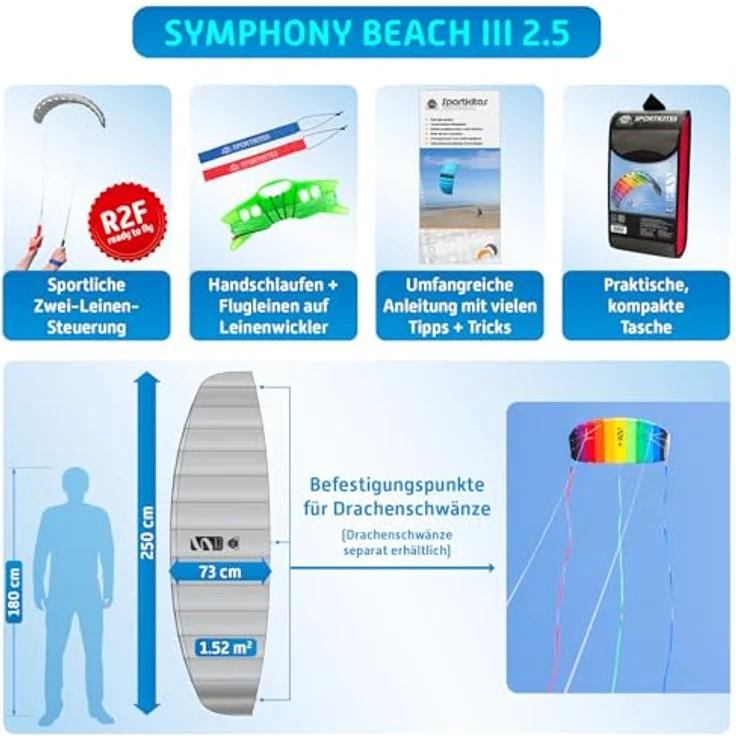 HQ Lenkmatte Symphony Beach III 2.5 Aqua, 2-Leiner Freizeit Lenkdrachen mit perfekter Flugeigenschaft und hochwertigem Ripstop-Polyester – Bild 2