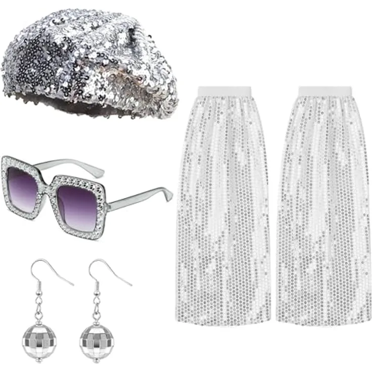 yolzhxe Disco Accessoires Kostüm Damen, 4 Stück Glitzer Outfit mit Pailletten, Beinwärmer, Baskenmütze, Sonnenbrille und Ohrringen