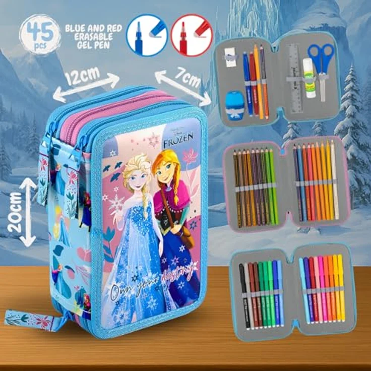 Clondo Mädchen 3-Fach Federmäppchen für Die Eiskönigin Frozen – 45-teilig, komplett gefüllt, blau – mit 2 löschbaren Gelstiften, Schere, Kleber, Buntstiften, ideal für Schule & als Geschenk – Bild 2