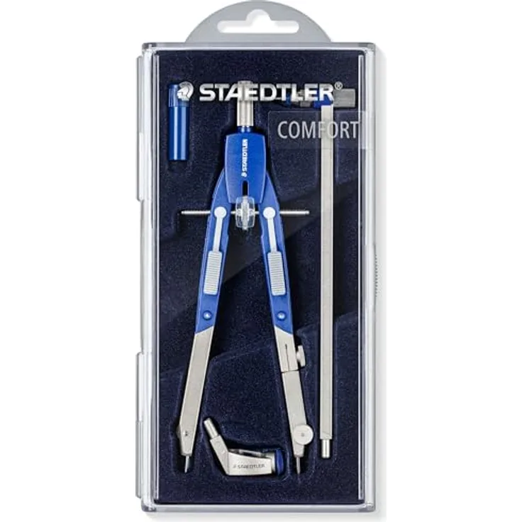 STAEDTLER Zirkel Mars Comfort, Schnellverstellung, mit Drucktasten und Spindelführung, exakt und präzise, Set mit Verlängerungsstange und Universaladapter, Etui mit Klappdeckel, 552 02