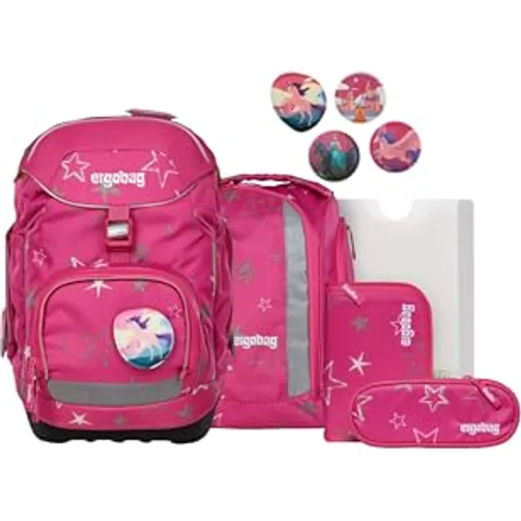 ergobag pack Set, ergonomischer Schulrucksack flexibel, 6-teiliges Set für 1. Klasse, Größe 28 x 40 x 25 cm, inkl. Sportrucksack, Heftebox und gefülltem Federmäppchen