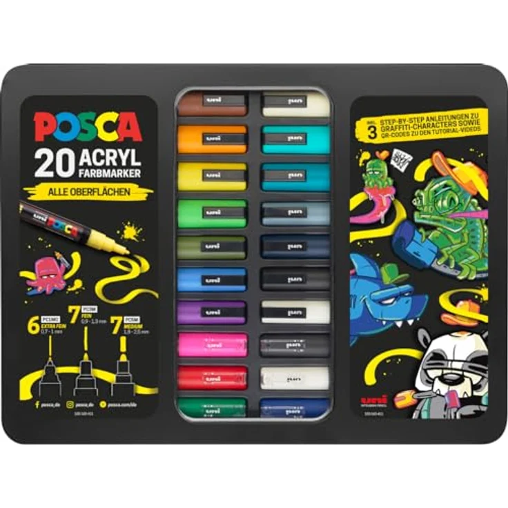 Faber-Castell uni-ball 186830 - POSCA Marker Set, 20er Etui, inkl. Anleitungen für 3 Graffiti Charaktere, wasserbasierte Tinte, verschiedene Spitzen – Bild 3