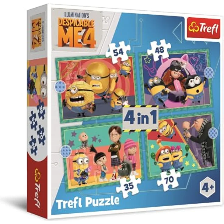 Trefl 4 in 1 Puzzle - Minions, bestehend aus 4 Puzzlespielen mit farbenfrohen Motiven für Kinder, aus sicheren Naturmaterialien