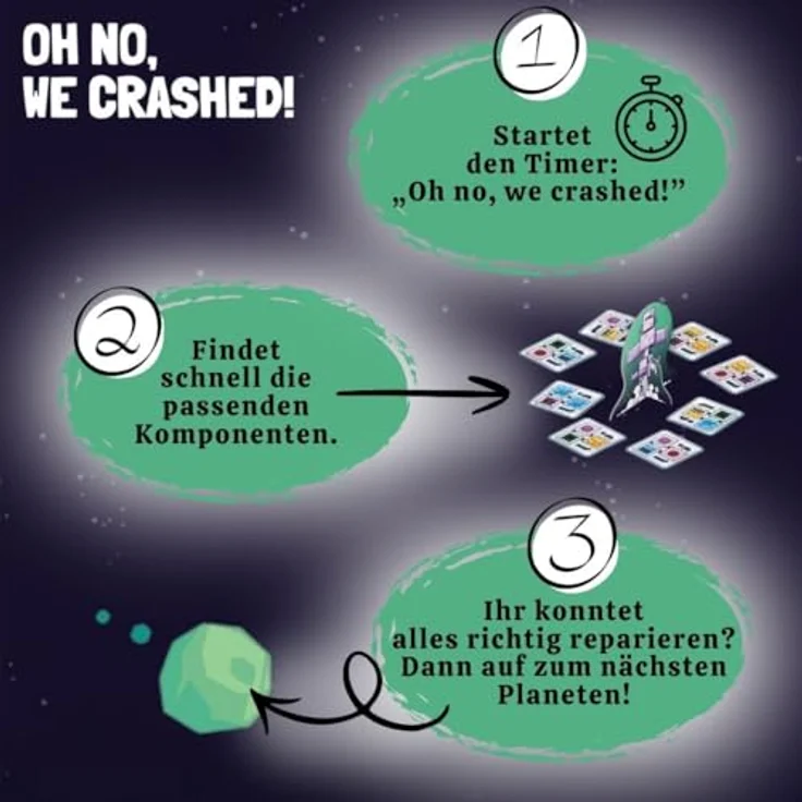 Edition Spielwiese Oh no, we crashed, kooperatives Weltraum Spiel für 1–5 Spieler ab 6 Jahren, 10 einzigartige Planeten – Bild 4