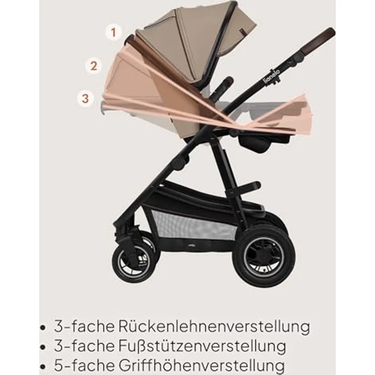 Lionelo Amber 3 in 1 Kombikinderwagen, mit sportlichem Sitz, Babywanne, Autositz und umfassendem Zubehör, Beige Sand – Bild 5