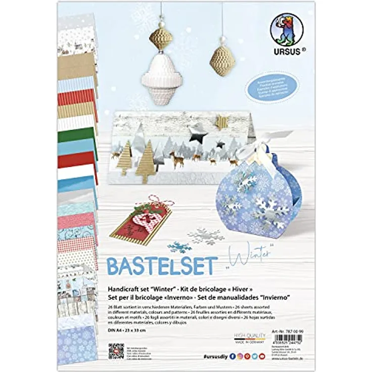 Ursus 7870099 - Bastelset " Winter", winterlicher Materialmix an verschiedenen Bastelpapieren, 26 Blatt sortiert in verschiedenen Materialien, Farben und Motiven
