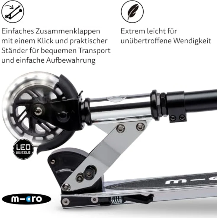 Micro Scooter Micro Sprite LED Silverchrome, klappbarer Kinderroller mit höhenverstellbarem Lenker und LED Rädern, für Jugendliche und Erwachsene – Bild 3