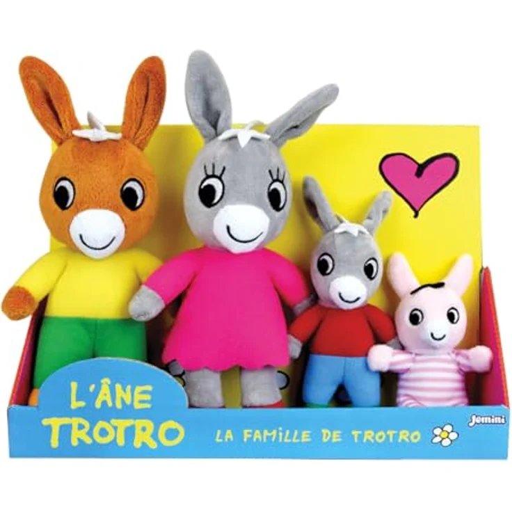 Jemini TROTRO Plüschkoffer Set mit 4 Figuren: Trotro +/-15 cm, Mama Anna und Papa Dada +/-23 cm, Schwester Zaza +/-11 cm, Mehrfarbig – Bild 1